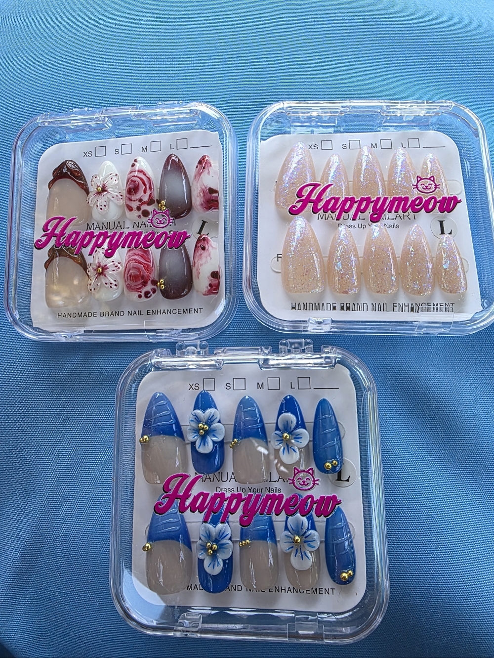 Happymeow Press-On Nail Sets - Blue, Pink & Nude Styles